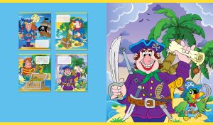 Cartoon parrot and captain pirate with a saber and a map on a tropical island