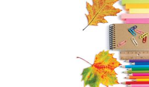 Notepad, crayons and other school stationery on white backdrop with fall leaves