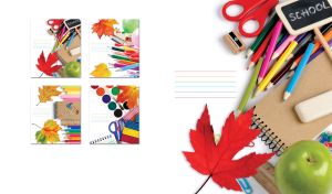 Green apple and school stationery on white backdrop with a red leaf