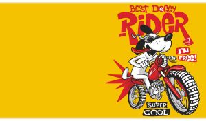 "Best Doggy Rider" red print and a dog riding a motorcycle on an orange poster
