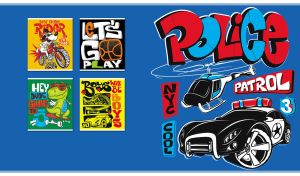 "NYC Police Patrol" blue and red print on a blue police poster