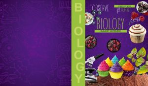 Biology notebook with microscope and muffins on a purple backdrop