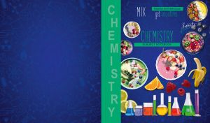 Chemistry notebook with flasks and smoothies on a navy backdrop