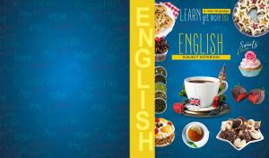English language notebook with tea and dessert on a blue backdrop