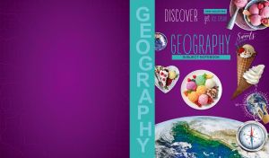 Geography notebook with the Earth and ice cream on a purple backdrop