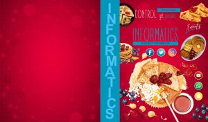 Informatics notebook with applications and pancakes on a red backdrop
