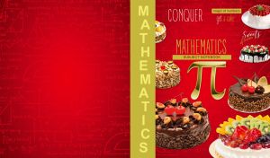 Mathematics notebook with Pi and cakes on a red backdrop