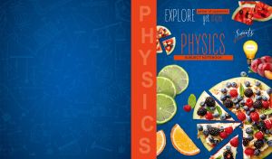 Physics notebook with bulb and food slices on a dark blue backdrop