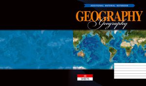 Geography notebook with a world map on a black backdrop