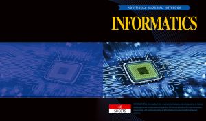 Informatics notebook with a microchip on a circuit board on a black backdrop