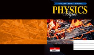 Physics notebook with a bonfire on a black backdrop