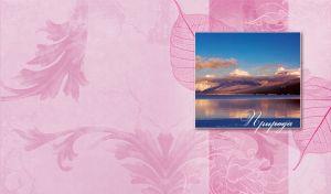 Calm mountain lake at sunset, blue shore, brown slopes, clouds and birds on pastel pink