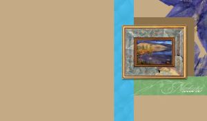 Blue mountain lake in a picture frame with navy flower top right on beige