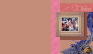 Pink lilies in a frame with navy flower bottom right on ocher