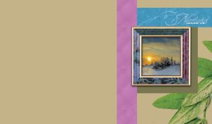 Chapel on snowy landscape in a frame with green leaves bottom right on olive