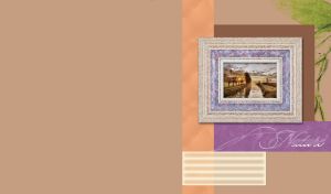 Trees at sunset on a channel in frame with green leaf top right on ocher