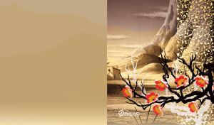 Black tree with red flowers at a giant rock on a candy background