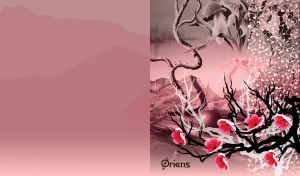 Black tree with red flowers, spherical vase and mountains behind, on dark pink