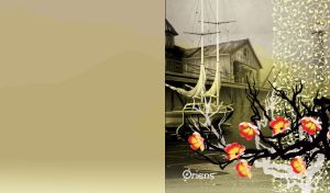 Black tree with red flowers at a jetty dock with sailboat, on lite olive