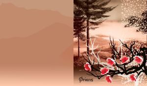 Black tree with red flowers at two tall spruces on light brown