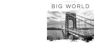 Monochromatic cityscape with an illuminated bridge at dusk on white