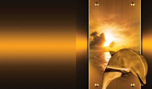 Dolphin jumping from the water on a gold textured plate