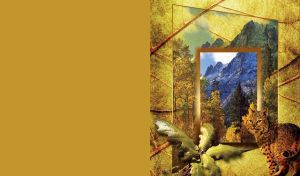 Oak leaves and a lynx at a mountain view with abstract transparent frame