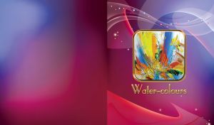 Colorful watercolor painting of flowers in a golden frame on a purple-blue gradient