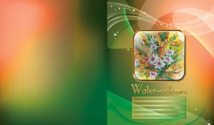 Colorful watercolor painting of flowers in a golden frame on orange-green gradient
