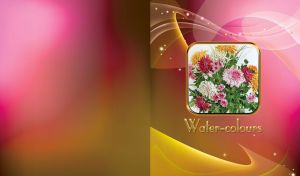 Colorful watercolor painting of flowers in a golden frame on pink yellow gradient