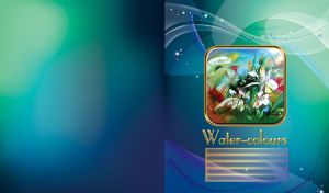 Colorful watercolor painting of flowers in a golden frame on a blue-green gradient