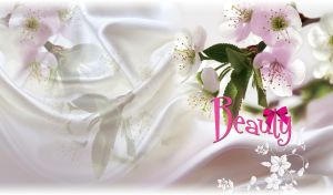 Apple blossom flowers with green leaves and white floral print on a silk fabric