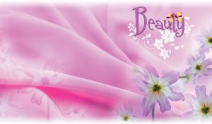 Violet lilies with white floral print, on a pastel pink fabric background