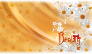 White asters and floral print on a pastel orange fabric background