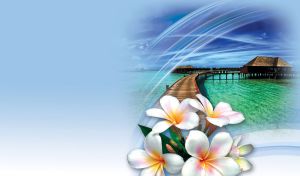 White frangipani flowers on azure sea with bungalows on a pastel blue vignette