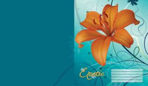 Orange lily flower on teal with pattern of blue snowflakes and navy swirls