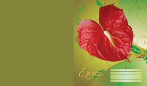 Red laceleaf flower on olive green with pattern of green leaves and orange swirl