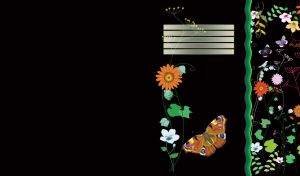 An illustration of orange daisies on green stem, wild flowers and orange butterfly