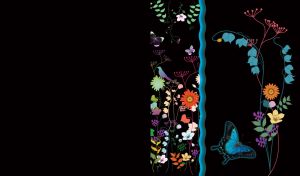 An illustration of orange daisies on pink stem, blue bellflowers and butterfly