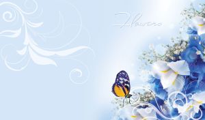 Blue and yellow butterfly on blue and white irises on a pastel blue backdrop