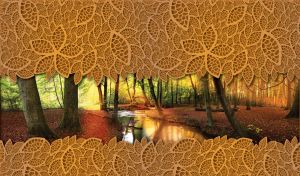 Spring river flows in a wild forest in a brown textured frame of carved leaves