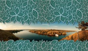Blue river bends the autumn forest in a teal textured frame of carved leaves