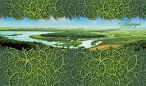 Clear river flows by the green isles in a green textured frame of carved leaves