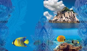 Stone island surrounded by azure sea with mehndi floral ornaments on blue