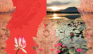 Volcanic crater lake with pink water lilies with mehndi ornament on red