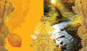 Bridge over a forest creek in the sunlight with mehndi floral ornaments on ocher