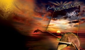 Beautiful dolphins jumping from the sea on a sunset through magic frame-screen