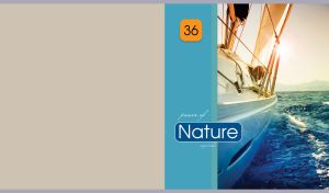 White sailboat cuts through the azure ocean on beige and blue backdrop