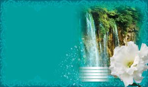 White lisianthus flower against a vignette of a waterfall in a swirl frame on teal