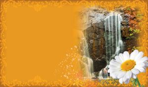 White chamomile against a vignette of a waterfall in a swirl frame on orange